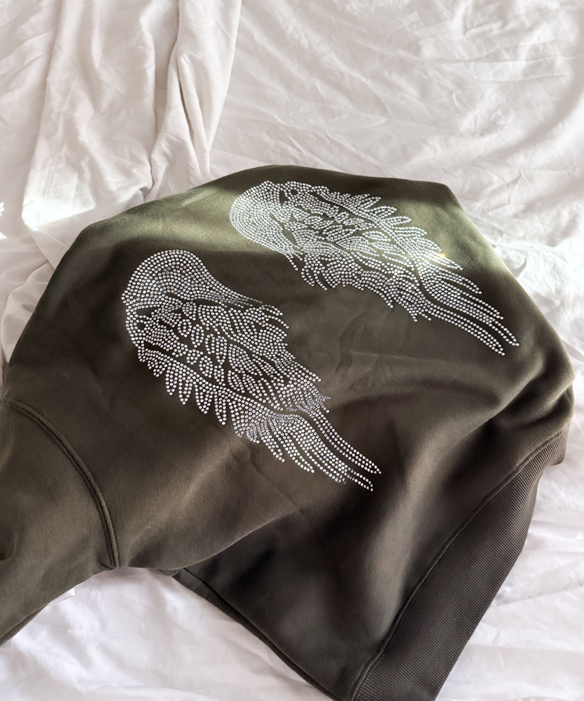 HOODIE VERT OLIVE ANGEL STRASS